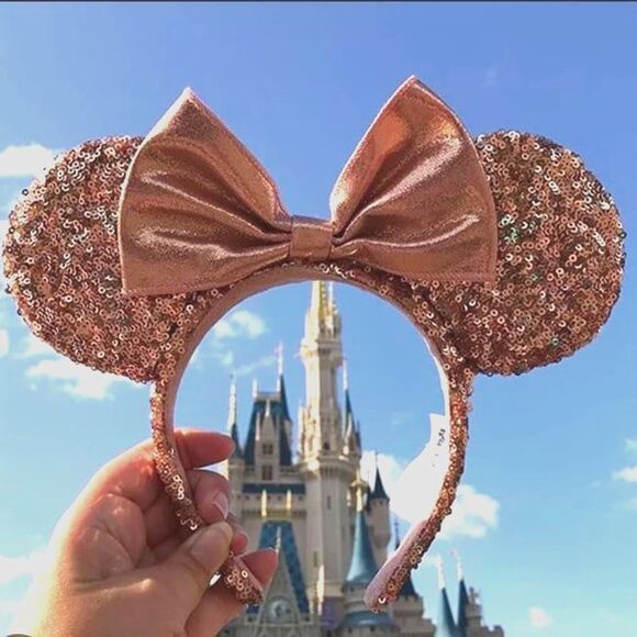 NWT Disney Parks Rose Gold Champagne Minnie Mouse Bow Sequins Ear Headband Ears